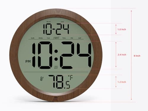 Digital Wall Clock with Date, Indoor Temperature, Auto-DST, Battery-Operated Digital Clock, 8 Inch Small Decorative Wood Wall Clock for Bedroom, Living Room, Kitchen, Office, Modern, Electric, Simple
