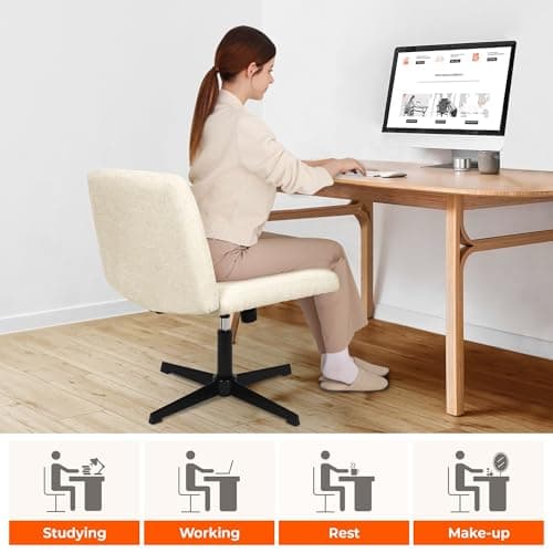 NEO CHAIR Criss Cross Chair No Wheels Armless Cross Legged Office Desk Wide Comfy Vanity Makeup Chair Adjustable Computer Task for Home Office Fabric (Beige)