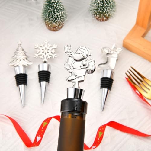 4PCS Christmas Wine Bottle Stoppers, Alloy Xmas Wine Bottle Stoppers for Keeping Wine Fresh,Wine Accessories Gift for Hostess Christmas Bottle Corkers,Winter Decor Bottle Stopper Holiday Party Supplie