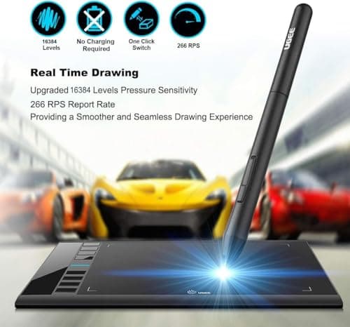 Graphics Drawing Tablet, UGEE M708 10 x 6 inch Large Drawing Tablet with 8 Hot Keys, Passive Stylus of 16384 Levels Pressure, UGEE M708 Graphics Tablet for Paint, Design, Art Creation Sketch