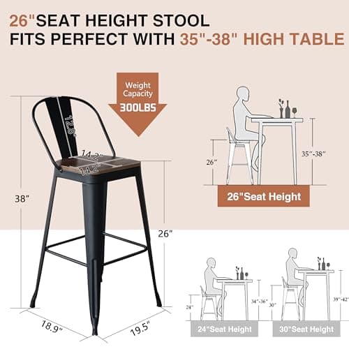 ALISH 26 Inch Industrial Bar Stools Set of 4, High Back Metal Barstools with Large Wood Seat, Counter Height Bar Chairs for Kitchen Island (26 Inch Set of 4, Black)