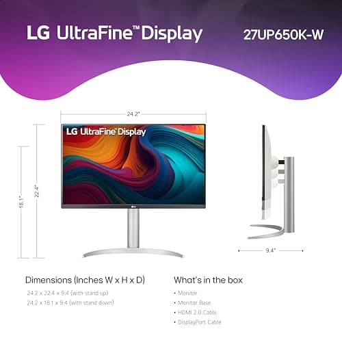 LG 27UP650K-W 27-inch Ultrafine 4K UHD (3840 x 2160) IPS Computer Monitor, 60Hz, 5ms, DisplayHDR 400, Reader Mode, Flicker Safe, HDMI, DisplayPort, Tilt/Height/Pivot Adjustable Stand, White