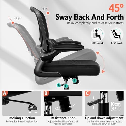 BESTFAIR Office Chair Ergonomic Desk Chair, Breathable Mesh Comfy Chair with Lumbar Support, Computer Chair, Home Desk Chair with Flip-up Armrests, Gaming Chair for Adults Home Office (Black)