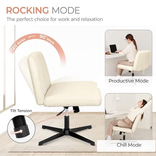 Orange Factory Criss Cross Chair No Wheel Wide Cross Legged Office Desk Vanity Chair Comfy Fabric Armless Adjustable Swivel for Home Computer Task (Beige No Wheel, Classic Fabric)