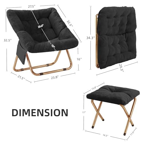 Kasunpul Comfy Saucer Chair, Foldable Living Room Chairs, Soft Faux Fur Lounge Chair for Bedroom, Reading Chairs for Adults,Teens, X-Large (Black)