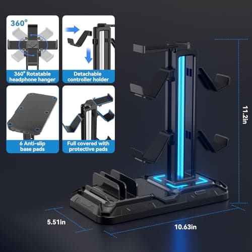 KDD Headset Stand with Charging Station - Detachable Controller Holder with 9 Light Modes - Rotatable Headphone Hanger with USB A&C Charger Ports - Earphone Hook for PC Gaming Accessories Storage B0DGGH8KN1
