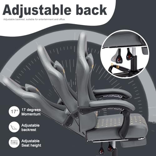 Symino Gaming Chair with Footrest, Linkage Armrests & 10cm Thick Seat, PU Leather Ergonomic Computer Chair, 150° Recline Office Chair, Grey