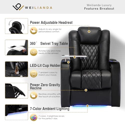 Weilianda Home Theater Seating Top Grain Leather, Zero Gravity Movie Theater Chairs Set, Power Headrest Recliner Chair Gaming Seats, 7 Colors Mood Light Sofa with Tray Table USB Charge Row of 3 Black