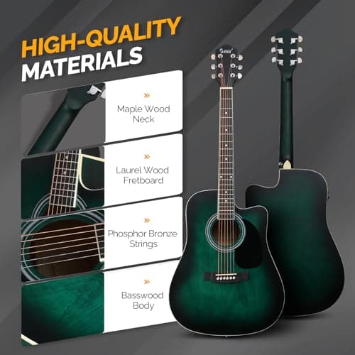 GLARRY Full Size 6 Strings Acoustic Electric Guitar Beginner Kit, Cutaway 41 Inch Electric Acoustic Guitar w/Inbuilt Tuner, Bag, Strap, Picks, Strings, Basswood Guitarra, Matte Distressed Green