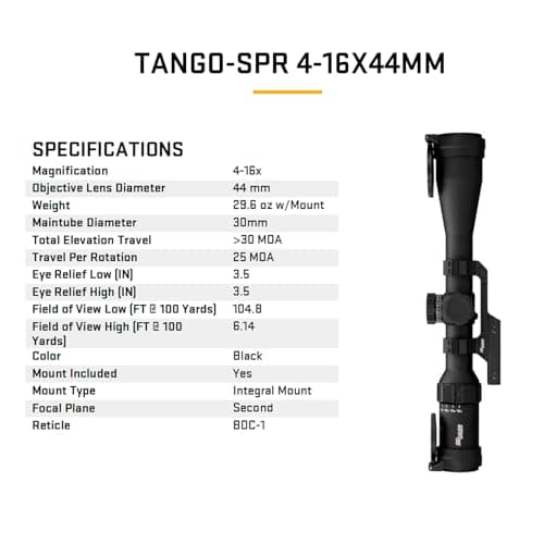 SIG SAUER Tango-SPR 4-16x44mm 30mm Tube Second Focal Plane/SFP/F2 Shockproof Waterproof Fogproof Tactical Riflescope | MOA BDC-1 Reticle, SPR Scope Mount, Flip-Back Caps Included, SOTS44000
