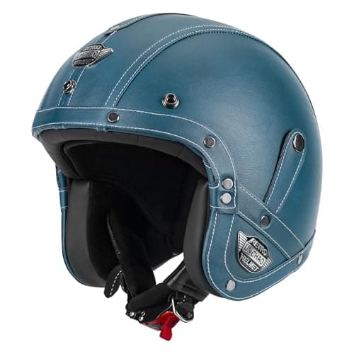 Handmade Leather 3/4 Open Face Motorcycle Helmet Retro Vintage Style DOT Approved Adult Half Helmet for Men Women Motorbike Moped Cruiser Scooter