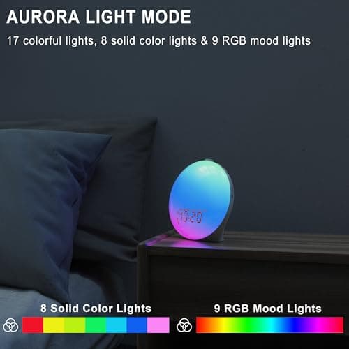 Wake Up Light Sunrise Alarm Clock for Bedroom, 17 Nightlights, Sound Machine with 5W Bluetooth Speaker, 25 Soothing Sounds, SleepTimer, Dual Alarms, FM Radio, Ideal Gift for Baby, Kids, Adults, Senior