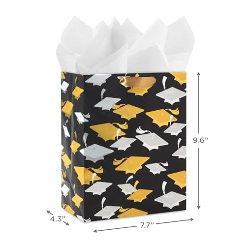 Hallmark 9" Medium Graduation Gift Bag with Tissue Paper (Gold and Silver Mortarboards on Black) for College, High School, 8th Grade, Kindergarten, Nurses