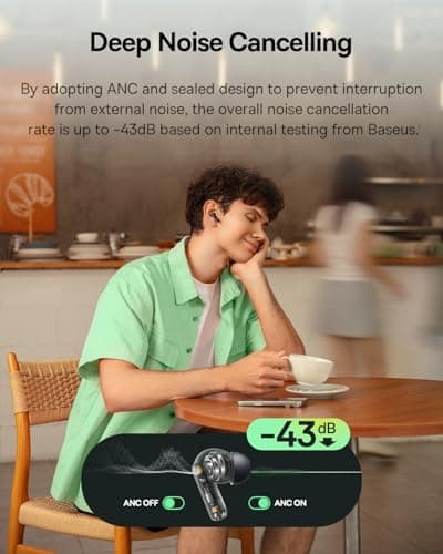 Baseus Bass BP1 NC Hybrid Active Noise Cancelling Wireless Earbuds, 12mm Super-Bass Driver, 41H Playtime, Bluetooth 6.0, IP55 Waterproof, 4-Mic AI ENC, 24 Customizable EQ