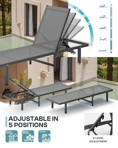 Lounge Chair Outdoor with Wheels, Aluminum Chaise Lounge Outdoor Chair with 5 Adjustable Backrest - Easy to Move- Pool Lounge Chairs for Patio, Poolside, Darkgray