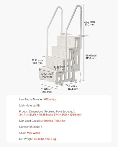 VEVOR Swimming Pool Ladder, 4-Step Double Handrails Stairs with Non-Slip Heavy Duty Steps, Max Load Capacity 400 lbs, for 48-54 in Inground & Above-Ground Pools of Any Decking Surface, Milk White