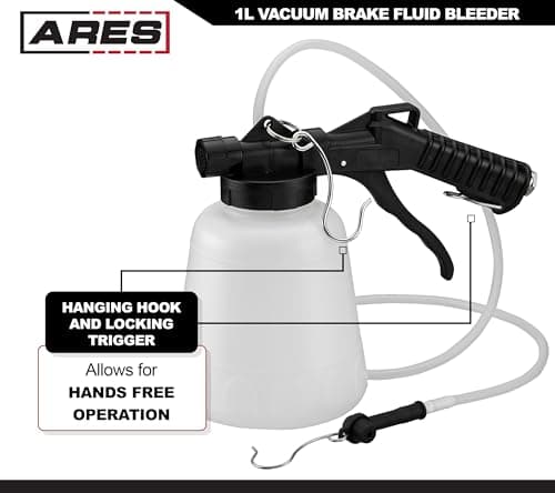 ARES 70923 - Vacuum Brake Fluid Bleeder - 1-Liter Vacuum Fluid Extractor - Hanging Hook and Locking Trigger Allows for Hands Free Operation