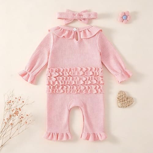 Soft waffle knit romper with ruffle trim, snap closure and matching bow headband QITUDATEY Baby Girl Waffle Knit Romper with Headband, Ruffle Jumpsuit B0HCKVJZZB