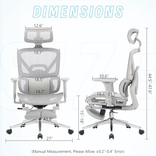 Ergonomic Office Chair with Footrest, High Back Mesh Computer Chair with Lumbar Support, 5-Level Backrest Height, 4D Flip-Up Arms for Home & Gaming Desk (Gray Mesh 3-Zone Lumbar Support+4D Armrest)
