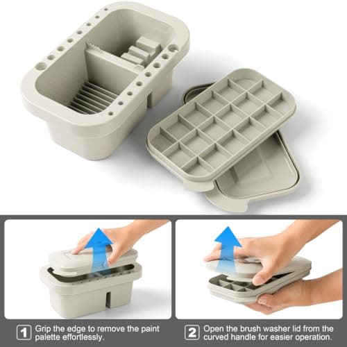 18 mixing wells, 16 slots fitting 0.24-0.63 in diameters, 3 washing compartments, removable tray lid MyLifeUNIT Paint Brush Cleaner, Paint Brush Holder with Palette, Grey B01H5JIU14