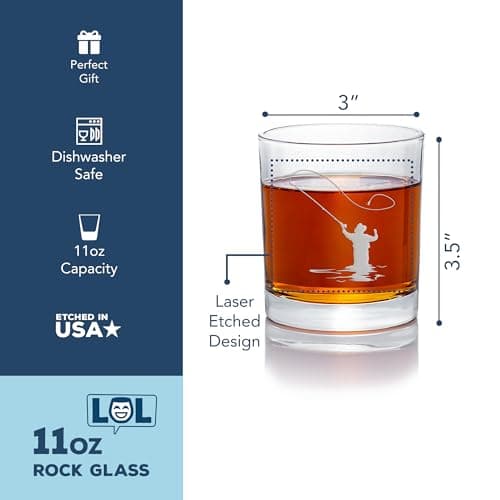 Fly Fisherman Round Rocks Glass - Fisherman Gift, Fishing Glass