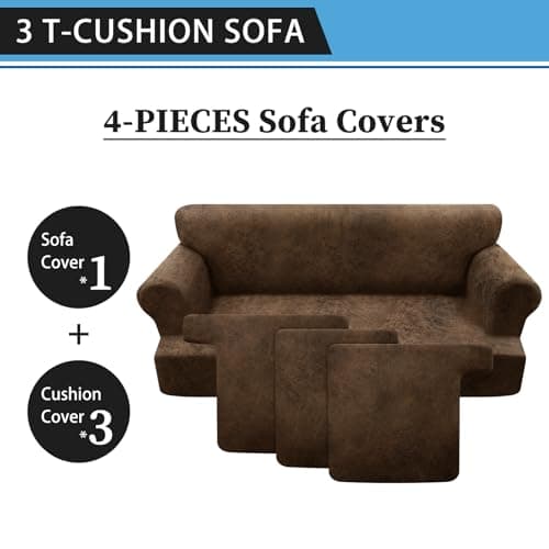 Pfrstuv 4-Piece T Couch Cover - Leather Look Slipcovers for 3 Cushion Sofa, Brown