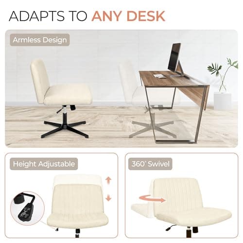 Orange Factory Criss Cross Chair No Wheel Wide Cross Legged Office Desk Vanity Chair Comfy Fabric Armless Adjustable Swivel for Home Computer Task (Beige No Wheel, Classic Fabric)