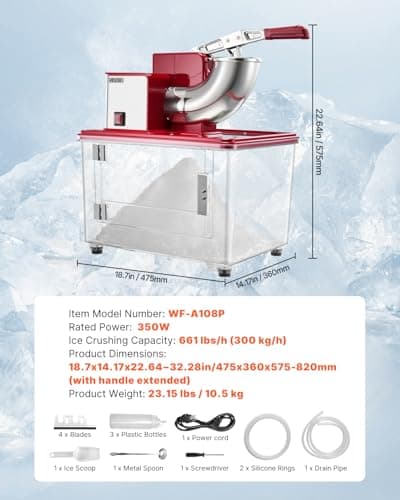 VEVOR Commercial Ice Crusher 661LBS/H, 350W Electric Snow Cone Machine with 4 Blades, 2000RPM Stainless Steel Shaved Ice Machine with 11 Gal Crushed-Ice Box, for Family Restaurants Bars, Red