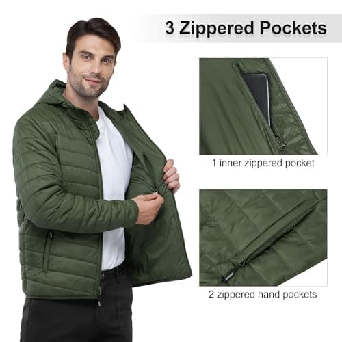 Outdoor Ventures Men's Lightweight Packable Hooded Puffer Jacket Insulated Winter Coat for Snow Ski Traveling
