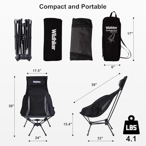 Wildhiker Portable Compact Folding Camping Chairs – Lightweight High Back with Pillow, Deep Recline, ArmPads, Side Pockets-for Motorcycle, RV, Backpacking, Travel, Festival – Black