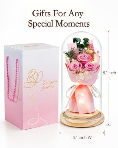 HVY Preserved Flowers Gifts for Her,Preserved Rose Bouquet in Glass Dome,Forever Flowers Fresh Bouquet Present for Women Mothers Day Birthday Gifts for Mom Wife Grandma,Pink Real Rose B0CQKXRQWD