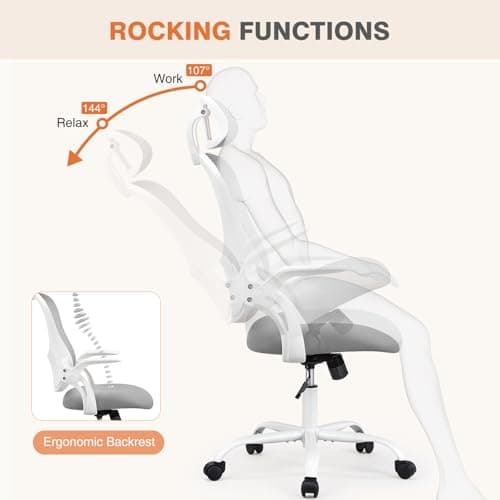 Sweetcrispy Home Office Desk Chair, Ergonomic High-Back Mesh Rolling Work Computer Chairs with Wheels and Adjustable Headrests, Comfortable Lumbar Support, Comfy Flip-up Arms for Bedroom, Study, Grey