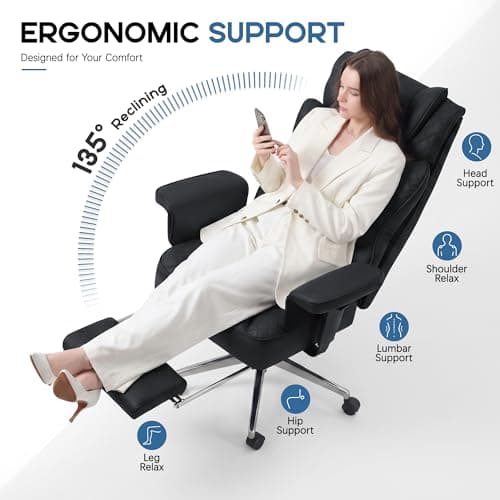Office Desk Chair, High-Back Big and Tall Leather Chair with Footrest, Ergonomic Reclining Computer Chairs, Comfy Executive Wide Chair with Lumbar Support, Adjustable Padded Armrests, 400LBS (Black)