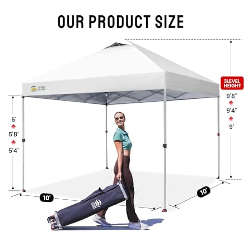 CROWN SHADES 10x10 Pop Up Canopy - Beach Tent with One Push Setup - Easy Outdoor Sun Shade for Events, Parties, Camping - Gazebo with STO-N-Go Cover Bag, Silver Coated Top, Grid White
