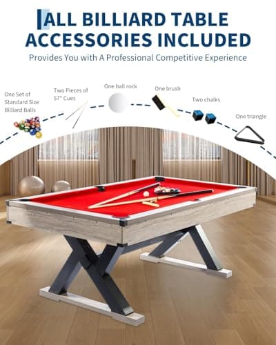 7 FT Pool Table, Complete Set with 2 Cues, 16 Balls, 2 Chalks, Triangle, Brush, K-Leg Construction, Adult Billiard Table for Home, Professional Black Cloth, Rustic Grey Finish, 84 L x 46 W x 32 H Inch