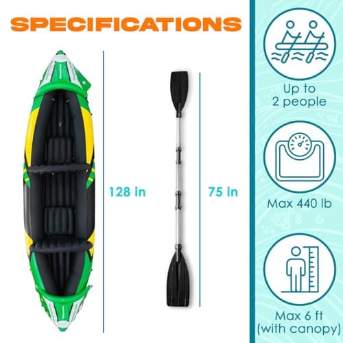 Inflatable Kayak 2 Person with Detachable Sun Canopy – Heavy-Duty Tandem Kayak for Adults – Reinforced Paddles, Waterproof Phone Bags, Adjustable Seats, Extra Seat for Dog or Child