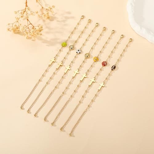 Softball/Volleyball/Soccer/Basketball Football Bracelet for Girls Women, 14K Gold Plated Cross Link Chain Sport Accessories Christian Jewelry Gifts for Teens Team Coach Players B0FSKVMR16