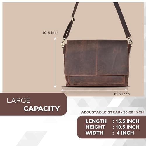 Oak Leathers Leather Messenger Bag for Men and Women - Laptop Briefcase Bag For College, Office, Adjustable Shoulder Strap
