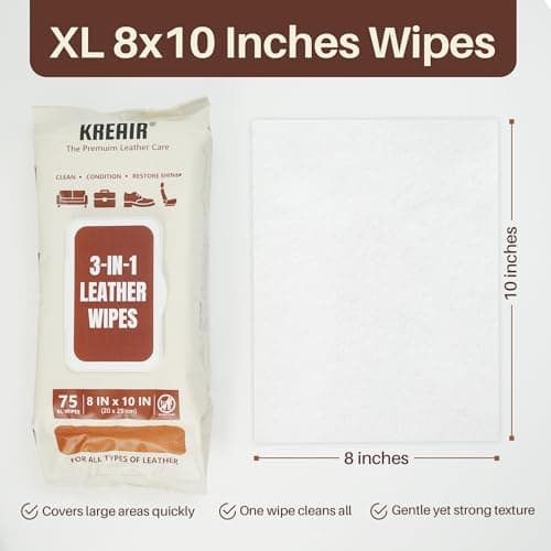 Kreair 3in1 Leather Wipes 75 XL Count, Clean, Condition & Restore Shine, Extra-Large 8"x10" Wipes for Car Seats, Shoes, Furniture & Bags, Thick, Durable & Non-Linting, Safe for All Leather Types