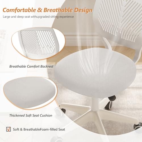 JPBSTO Armless Desk Chair, Height Adjustable Swivel Office Rolling Task Chairs with Soft Mesh Padded Cushion, Ergonomic Small Study Computer Chair for Girls Boys Teens (White, 1PC)