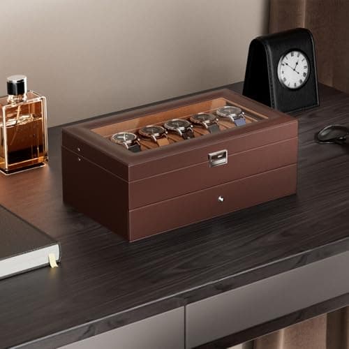 ProCase ProCase Watch Box, 12 Slot Mens Watch Case With Drawer, 2-Layer Watch Display Case With Glass Lid, Mens Jewelry Box Storage Holder Organizer, Birthday Valentine Gifts for Men -12Slot, Espresso