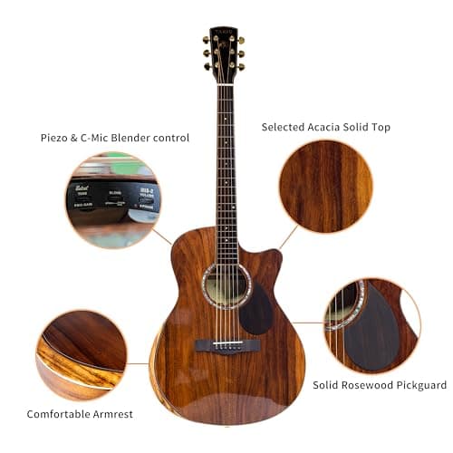 TARIO 41'' Electric Acoustic Antique Guitar Solid Acacia Top Acacia Back and Sides Mahogany Neck