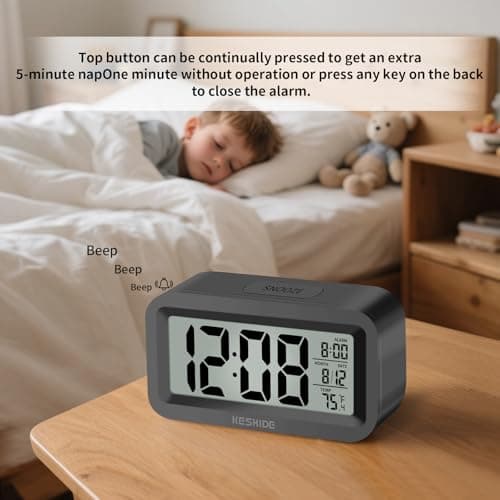 KESHIDE Travel Digital Alarm Clock, Battery Operated with Indoor Temperature, Desk Small Clock,Snooze Model,12/24H Display for Bedrooms Heavy Sleepers Kids Travel Bathroom (Black)