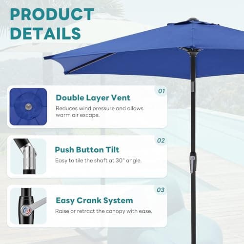 OLIXIS 7.5ft Patio Umbrella with Tilt and Crank Button & 8 Sturdy Ribs Waterproof, Patio Table Umbrella Perfect for Poolside, Terrace, Beach and Outdoor Restaurant, Blue