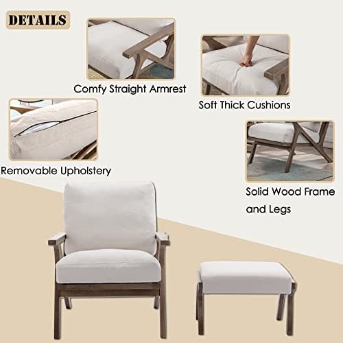 chairus Mid-Century Modern White Linen Accent Chair with Ottoman, Comfy Upholstered Lounge Armchair with Removable Cushions & Solid Wood Frame, Fabric Reading Chair for Living Room Bedroom Office
