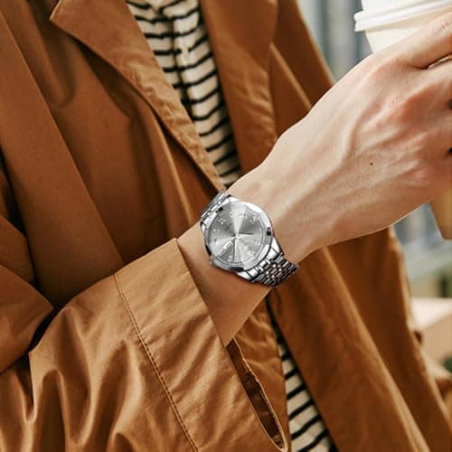 OLEVS Mens Silver Watches Luxury Waterproof Silver Watch for Men Analog Quartz Stainless Steel Men's Dress Watches Classic Casual Wrist Watch Large Face with Date Relojes para Hombres