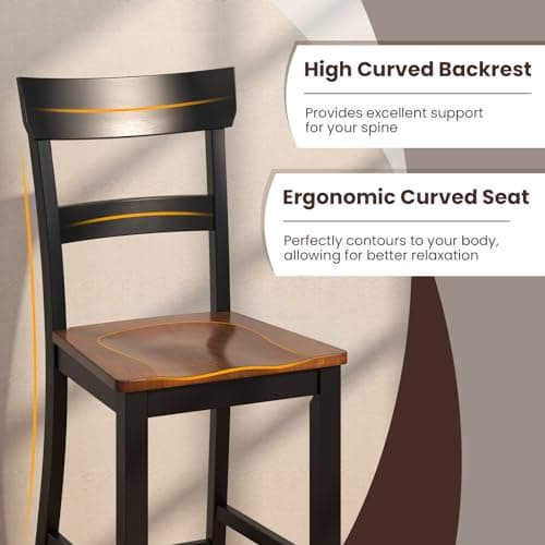 COSTWAY Counter Height Bar Stools Set of 4, 24'' Mid Century Modern Island Chairs with Rubber Wood Legs and High Backrest, Wooden Barstools for Home Kitchen, Dining Room, Bar, Restaurant (Black)