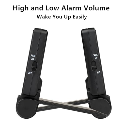 FAMICOZY Small Folding Digital Travel Alarm Clock with Day/Month/Date/Indoor Temperature,Easy to Read and Set,High/Low Alarm Volume,9 Min Snooze,Backlight on Demand,Bedside Calendar Alarm Clock,Black