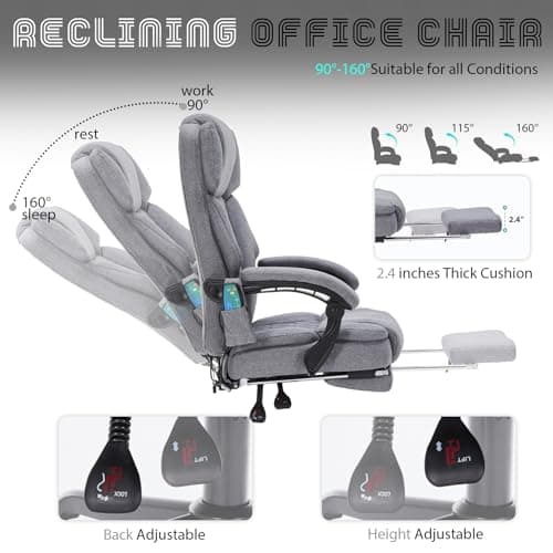 Massage Office Chair with Heat,Reclining Office Chair with Foot Rest,6 Points Vibration Home Desk Chairs for Heavy People 400lbs,Ergonomic Managerial Executive Chair (Grey)