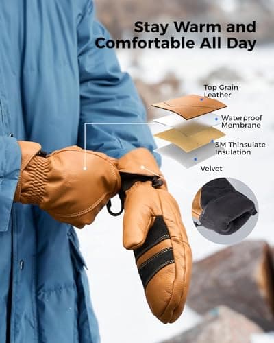 toolant Leather Ski Mittens, Winter Gifts for Men & Women, 3M Thinsulate, Waterproof & Durable for Snowboarding, Outdoors